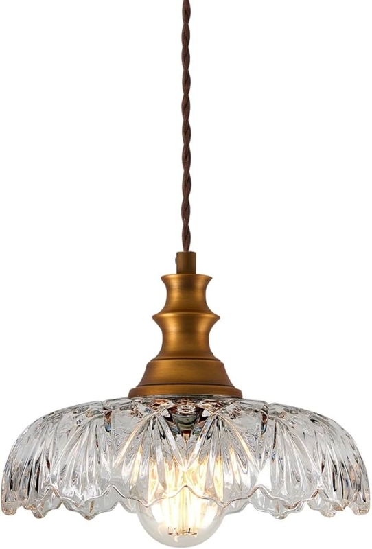 Pendant Light Vintage Fluted Glass Shade Antique Brass Finish