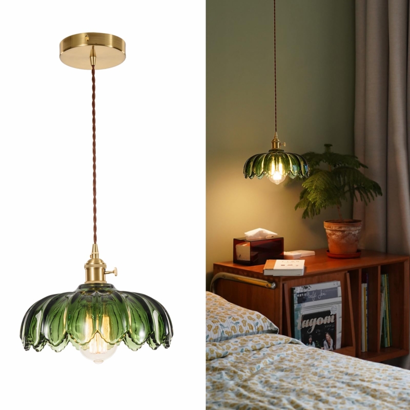 Pendant Light Vintage Inspired Emerald Green Ribbed Glass Fluted Shade