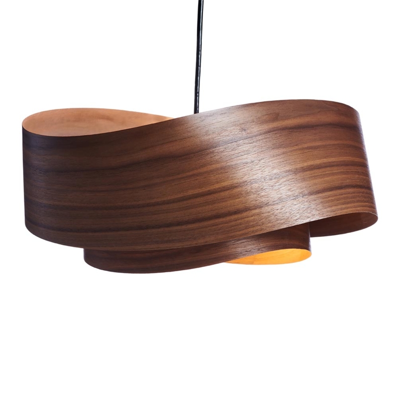 Pendant Light Walnut Toned Curved Wood Slats Open Frame Organic