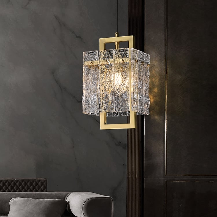 Pendant Light Water Ripple Glass Brass Geometric Frame Polished Finish
