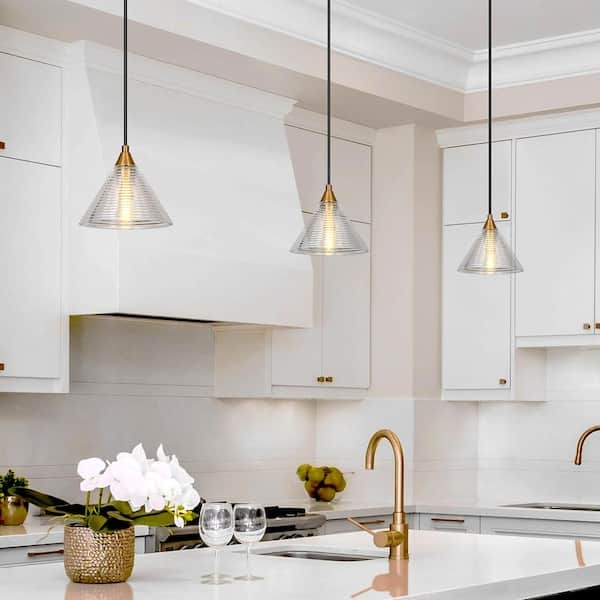 Pendant Light Water-Rippled Glass Matte Black Gold Accent Mixed Metal