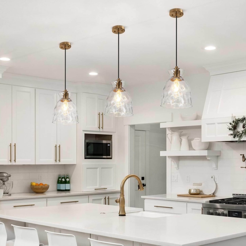 Pendant Light: Waterfall Glass Dome, Brass Finish, Modern Glam