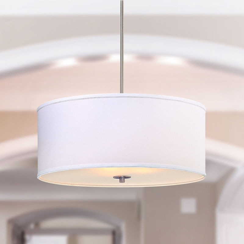 Pendant Light White Drum Shade Brushed Metal Stem Modern Fixture