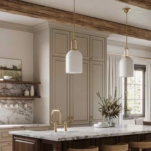 Pendant Light White Fabric Drum Shade Brushed Finish Glass Stem