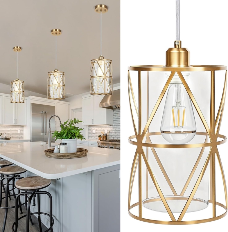 Pendant Light White Fabric Drum Shade Brushed Gold Transitional