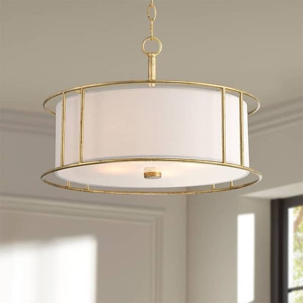 Pendant Light: White Fabric Drum Shade with Metallic Bands