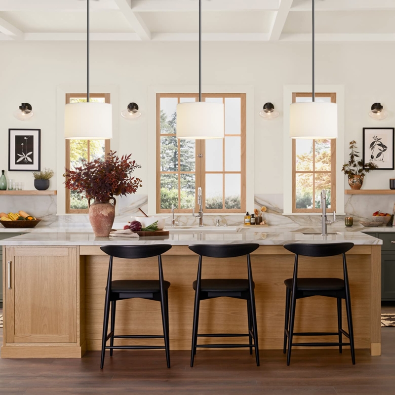 Pendant Light: White Linen Drum with Black Pole Kit