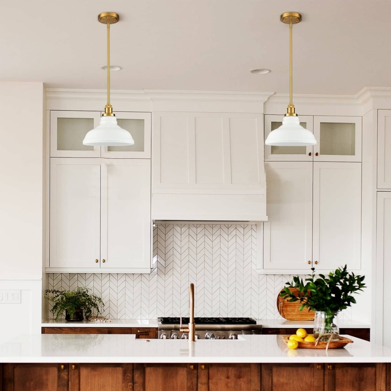 Pendant Light White Milk Glass Dome Polished Gold Stem Mid-Century Style