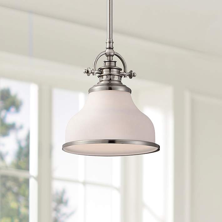 Pendant Light White Opal Glass Dome Brushed Metallic Stem Mini Scale