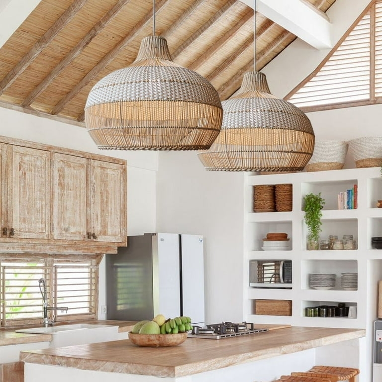 Pendant Light White Rattan Bell Shape Handwoven for Coastal Boho