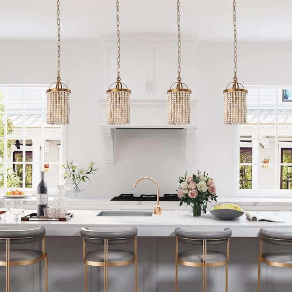 Pendant Light White Wood Beads Spherical with Antique Gold Accents