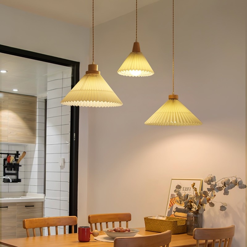 Pendant Light: Wide Beige Pleated Shade, Scandinavian Style
