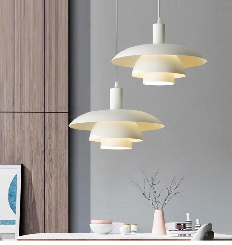 Pendant Light Wide Profile White Shade Brass Stem Scandinavian