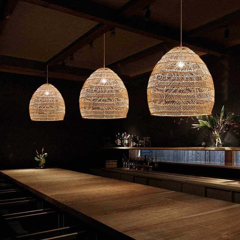 Pendant Light Wide Shallow Rattan with Layered Rim Boho Coastal