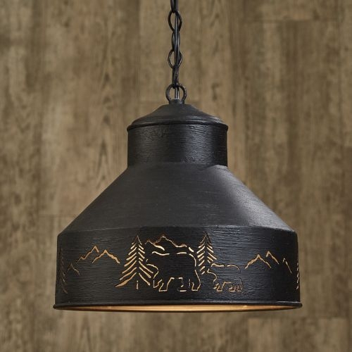 Pendant Light with Bear Silhouettes & Mica-Like Shade in Dark Brown Lodge Style