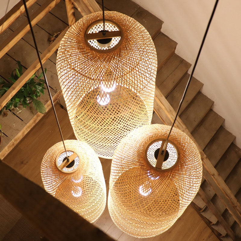 Pendant Light with Elongated Oblong Woven Bamboo Shell