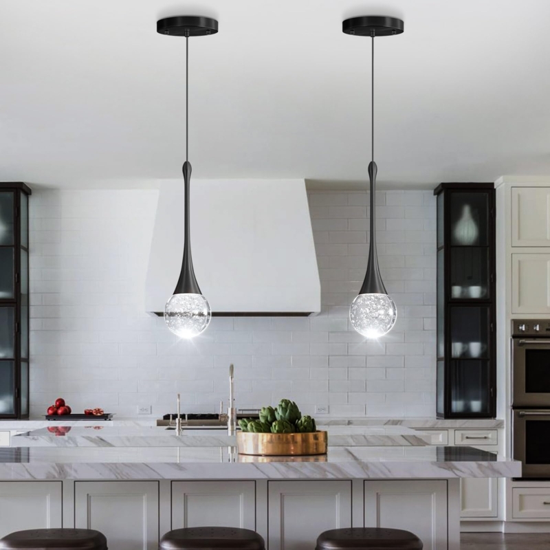Pendant Light with Faceted Crystal Base and Cylinder Silhouette in Black
