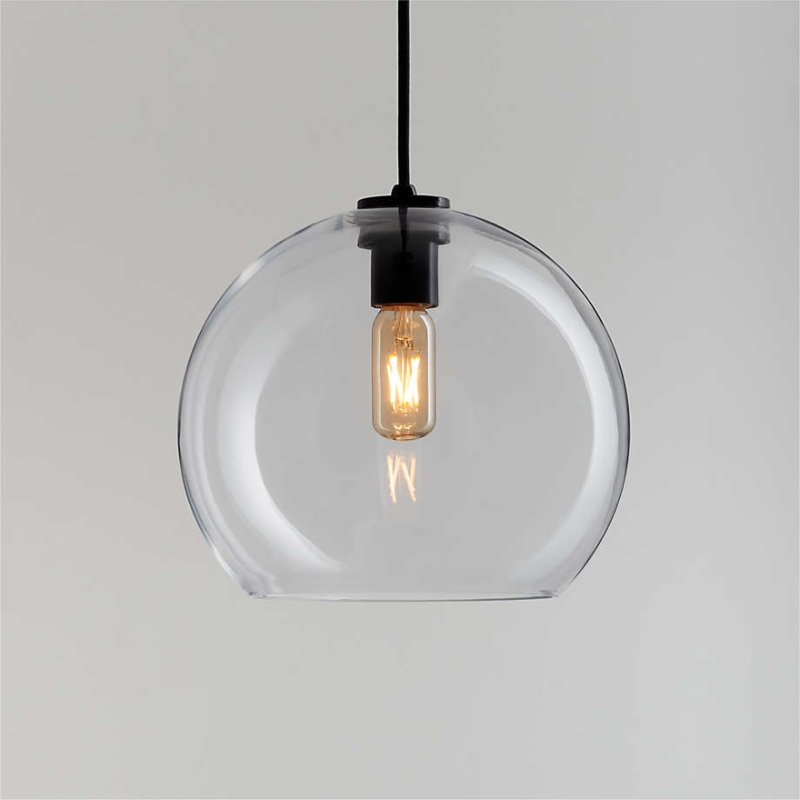 Pendant Light with Large Spherical Clear Glass Shade and Black Cord