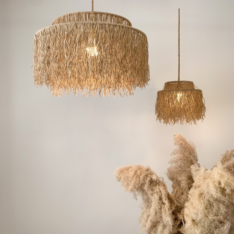 Pendant Light with Long Jute Fringe Drum Shade for Boho Dining