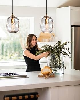 Pendant Light with Organic Artisan Glass Shade and Gold Hardware