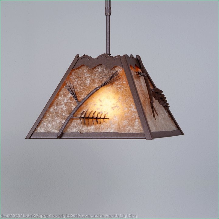 Pendant Light with Pine Cone Accents, Mountain Silhouette & Mica Shade