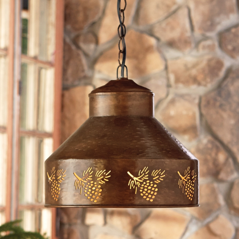 Pendant Light with Pinecone Motif & Amber Glass Shade in Bronze Lodge Style