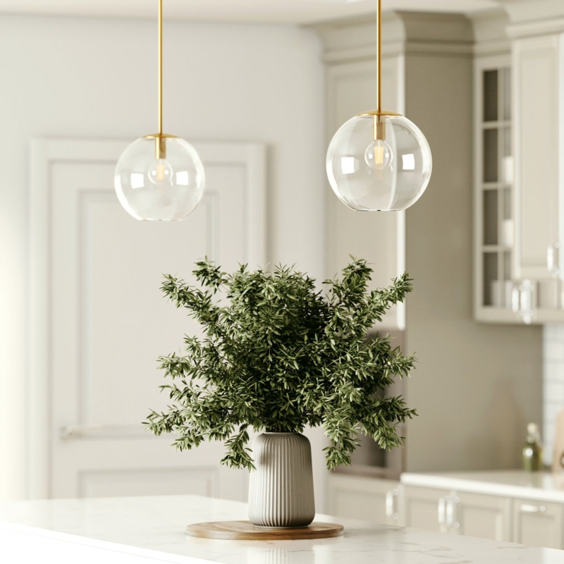 Pendant Light with Satin Brass Rod and Clear Glass Globe Shade