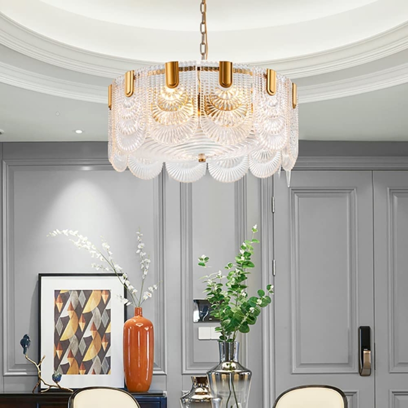 Pendant Light with Scalloped Glass Shade, Hammered Texture, Postmodern.