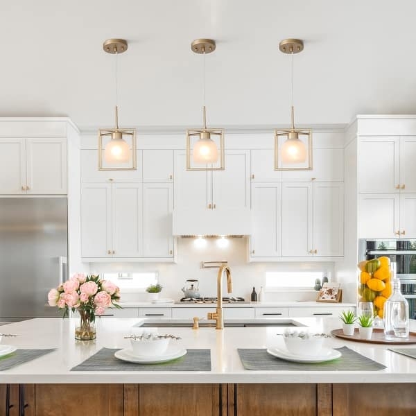Pendant Light with Square Metal Frame and Frosted Globe Shade in Gold