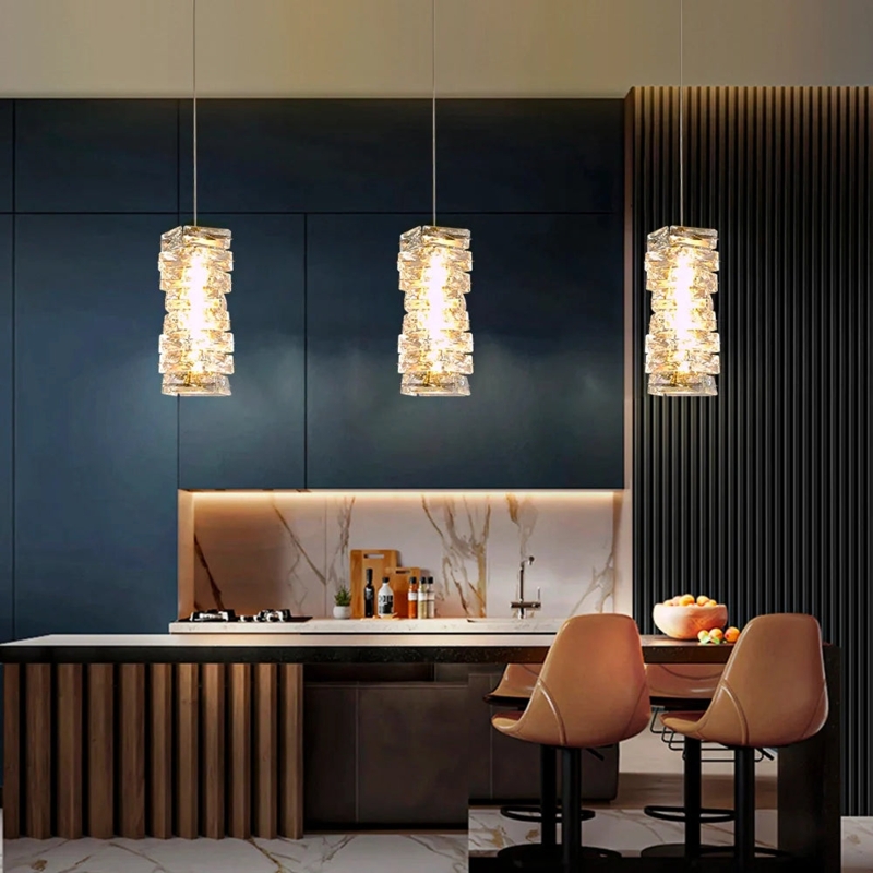 Pendant Light with Stacked Ice Cube Glass, Modern Glam Island Lighting