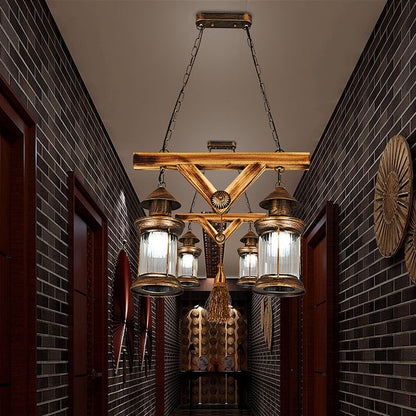 Pendant Light with Weathered Wood Lantern Frame and Antique Brass