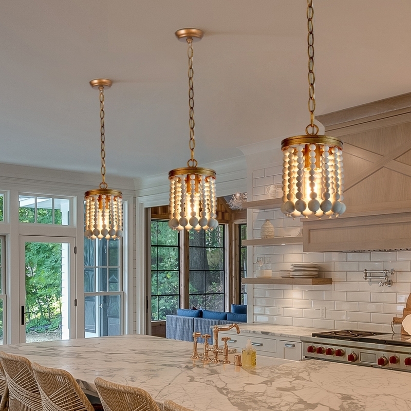 Pendant Light with Whitewashed Wood Beads and Gold Metal Frame
