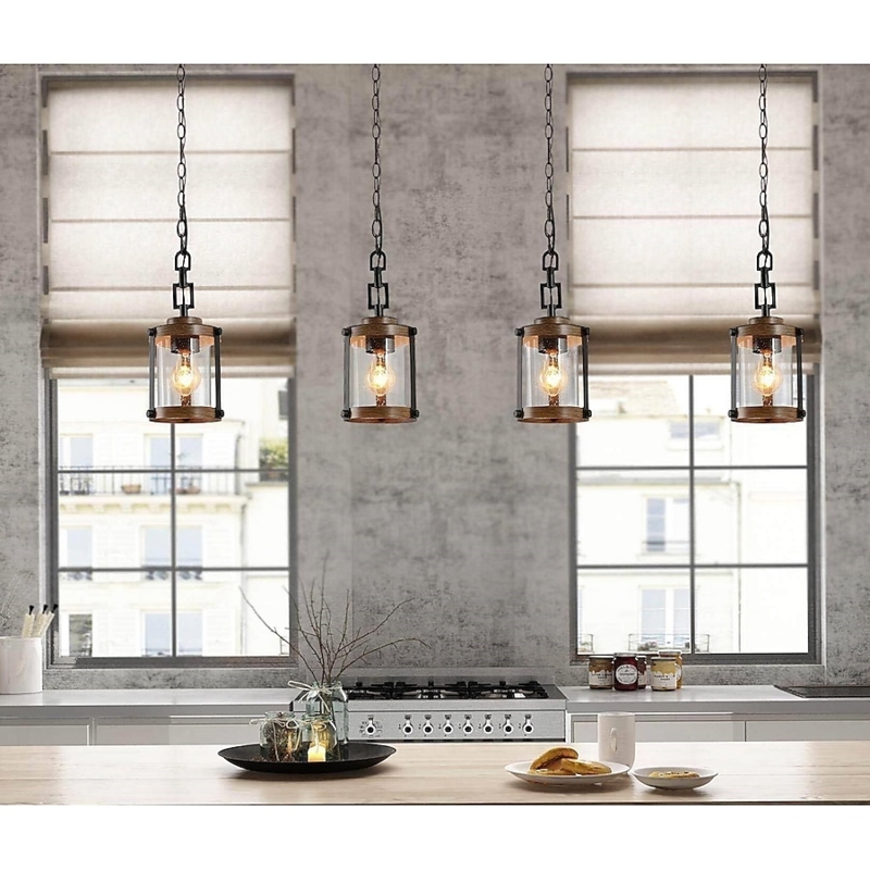 Pendant Light Wood Accent Seeded Glass Cylinder Shade