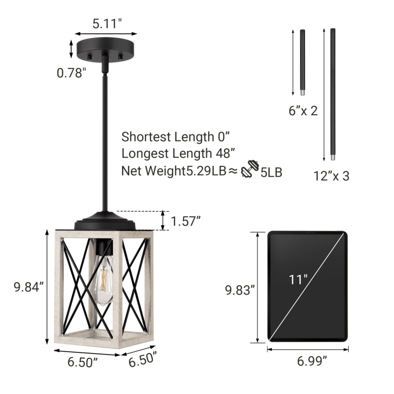 Pendant Light Wood Grain Neck Matte Black Shallow Shade Industrial