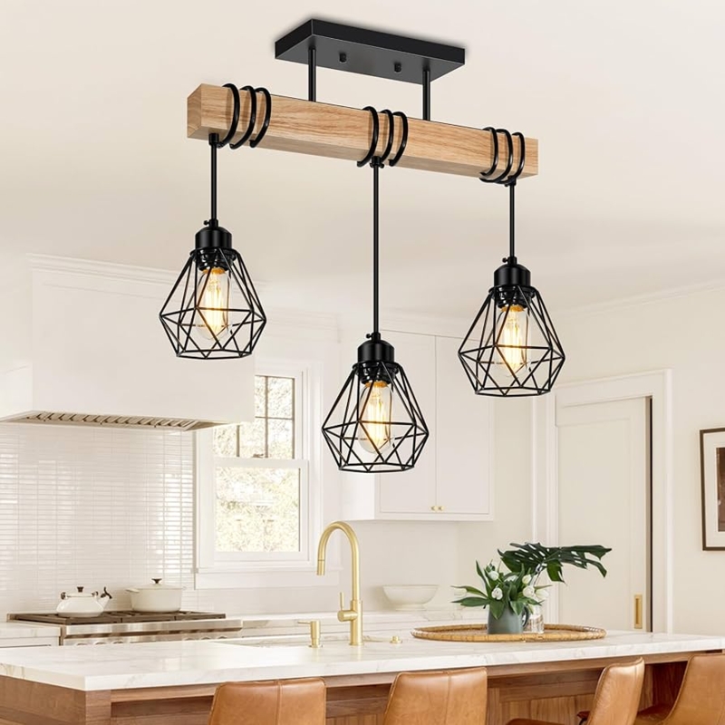 Pendant Light, Wood-Toned Beam, 3-Light Linear, Farmhouse Kitchen Island Lighting