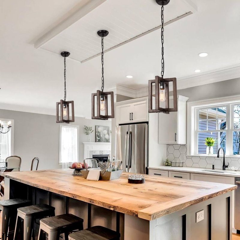 Pendant Light Wood Toned Matte Black Dome Shade Farmhouse Fixture