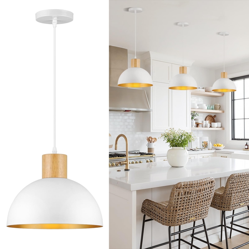 Pendant Light, Wood-Topped Scandinavian White Dome for Kitchen Island