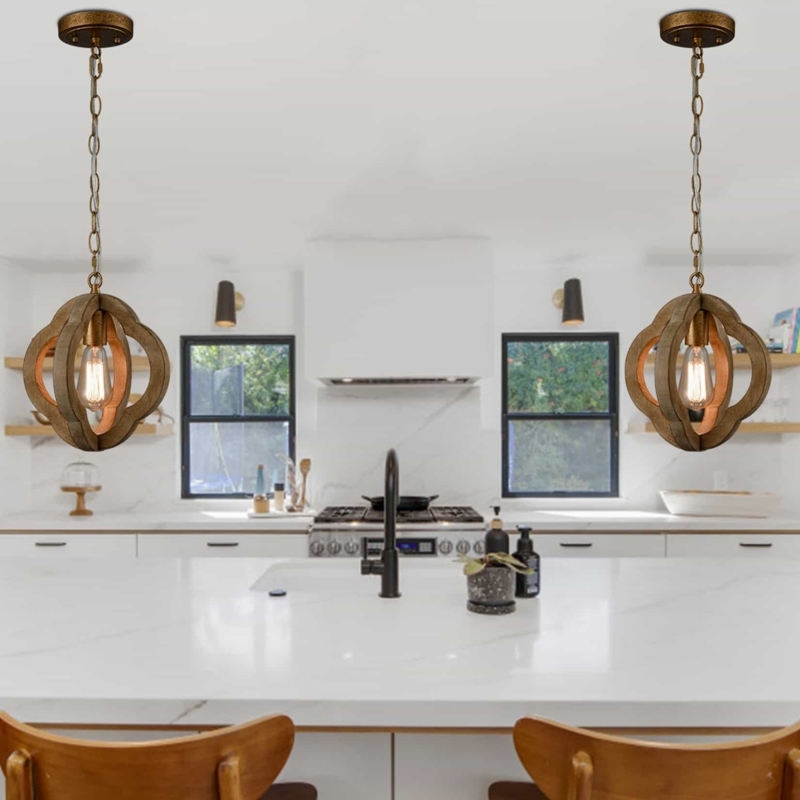 Pendant Light Wooden Cage Frame Antiqued Gold Globe Pendant Light
