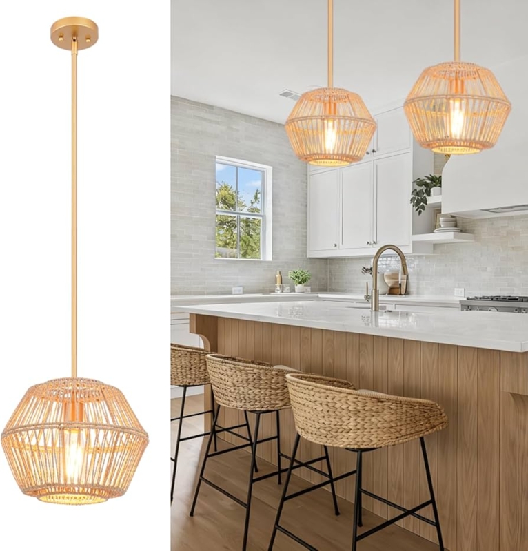 Pendant Light: Woven Cage Rattan with Gold Finish