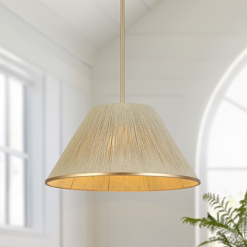 Pendant Light Woven Natural Fiber Bowl Shade Scalloped Edge Matte Gold