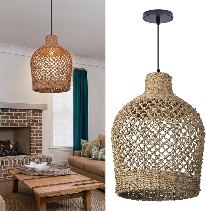 Pendant Light Woven Rattan Basket Shade Bell Silhouette Boho Coastal