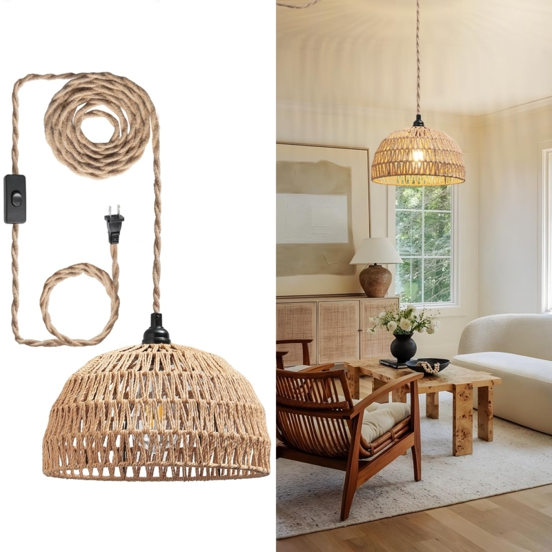 Pendant Light Woven Rattan Bell Shade Plug-In for Bedroom