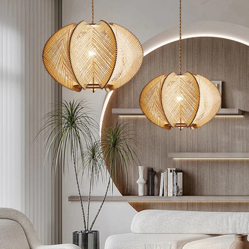 Pendant Light Woven Rattan Dome Shade Ribbed Wood Rim Boho Chic