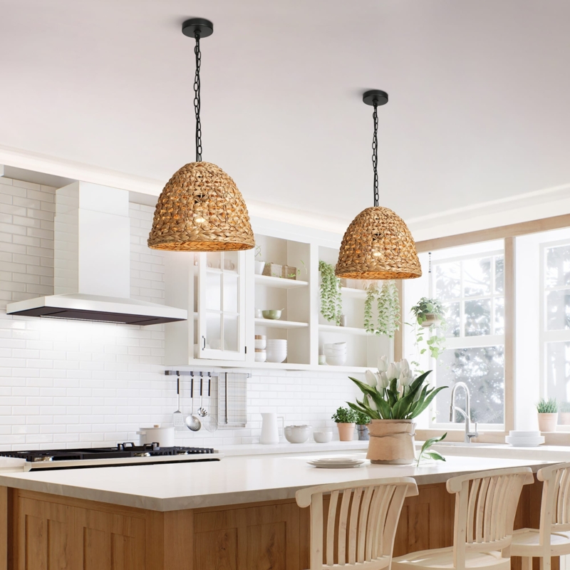 Pendant Light Woven Rattan Dome with Black Cord Organic Modern Kitchen