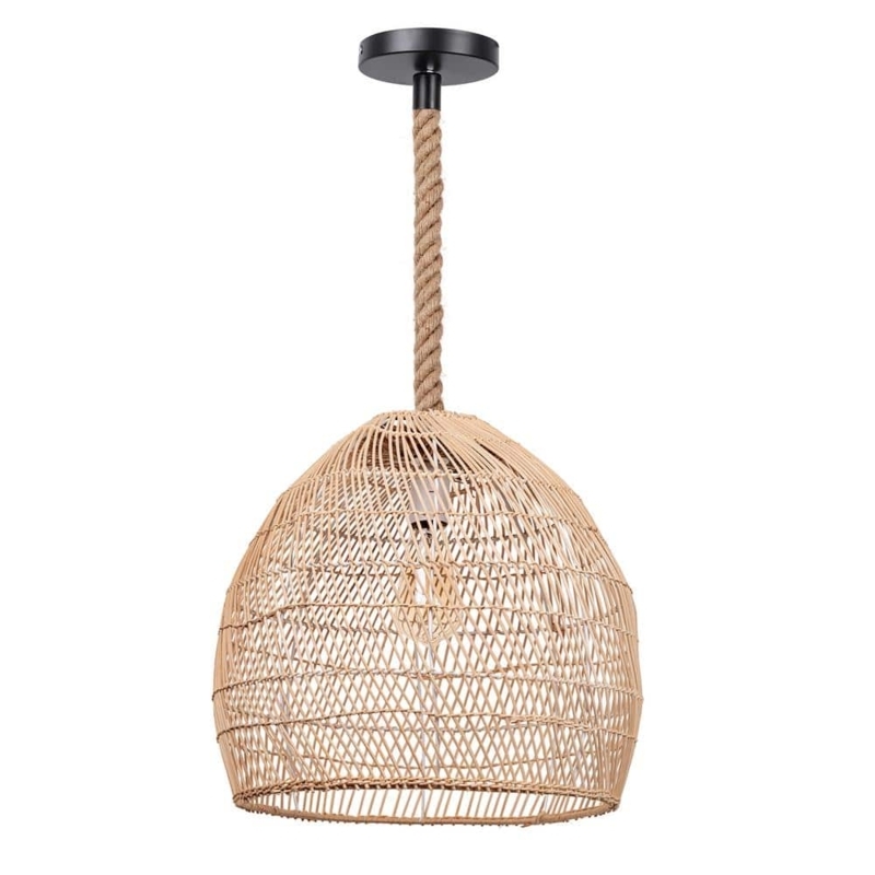 Pendant Light: Woven Rattan Dome with Rope Wrapped Cord