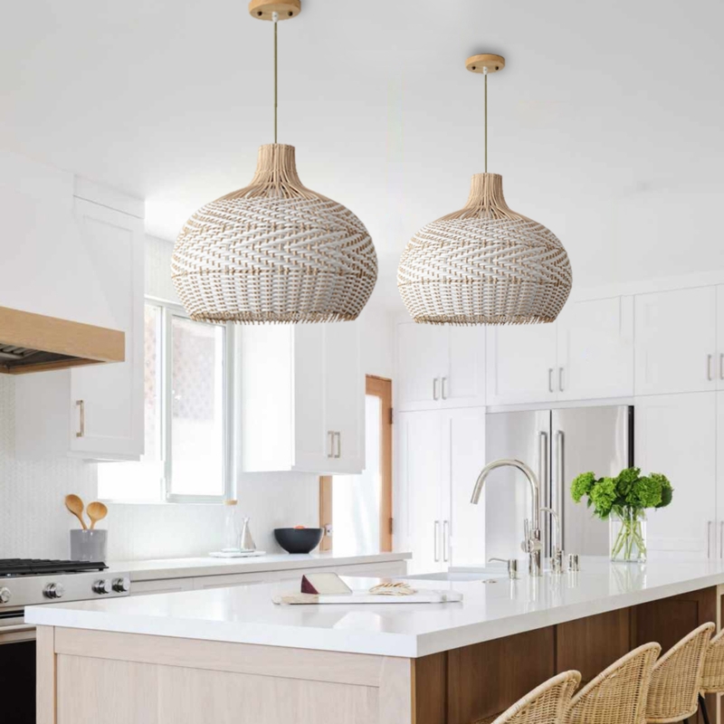 Pendant Light Woven Rattan Drum Shade White Coastal Farmhouse