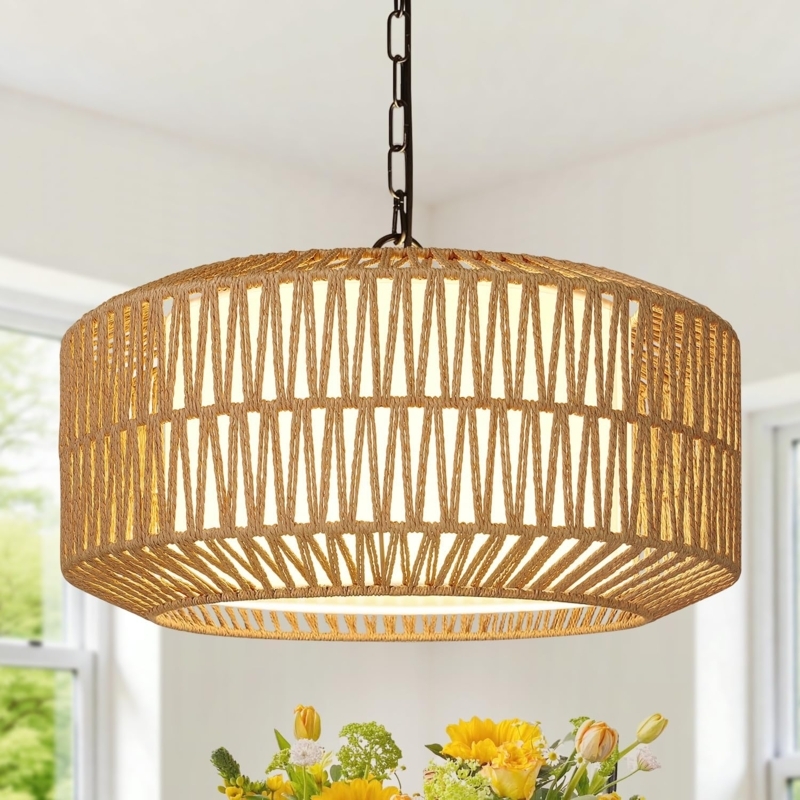 Pendant Light Woven Rattan Linen Shade Boho Dining Room Chandelier