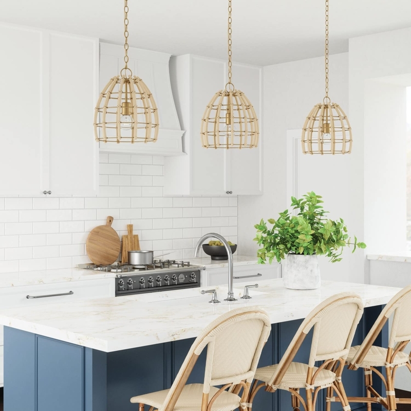 Pendant Light Woven Rattan Shade Matte Brass Coastal Boho