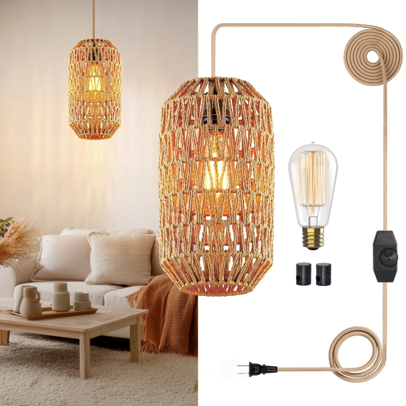 Pendant Light: Woven Rattan Shade, Natural Finish. Boho Island Lighting.