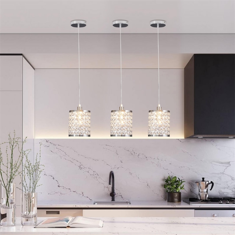 Pendant Lighting, Chrome Concentric Rings enclosing Crystal Orbs